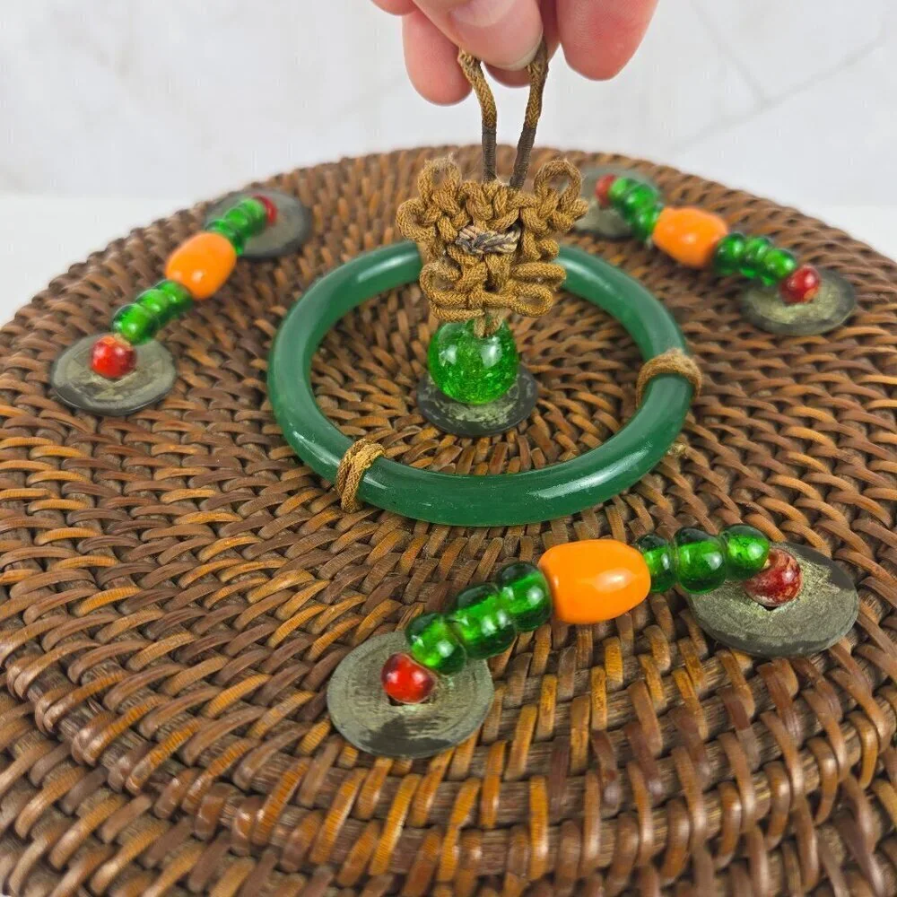 Vintage Chinese Sewing Basket Brown Handmade Round Wicker Glass Bead Accents